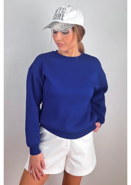 Kadın Cozy Içi Polarlı Saks Mavi Basic Bisiklet Yaka Pamuklu Kalın Örme Sweatshirt