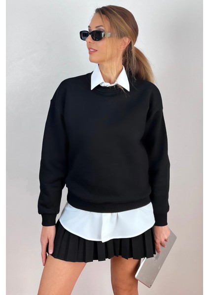 Kadın Cozy Içi Polarlı Siyah Basic Bisiklet Yaka Pamuklu Kalın Örme Sweatshirt
