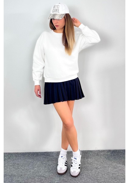 Kadın Cozy Içi Polarlı Ekru Basic Bisiklet Yaka Pamuklu Kalın Örme Sweatshirt modelleri