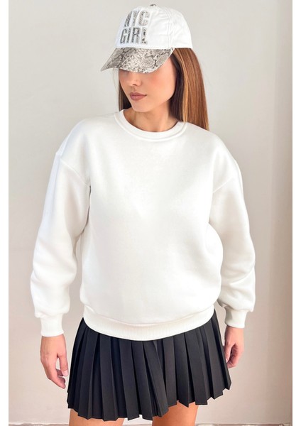 Kadın Cozy Içi Polarlı Ekru Basic Bisiklet Yaka Pamuklu Kalın Örme Sweatshirt fırsatları