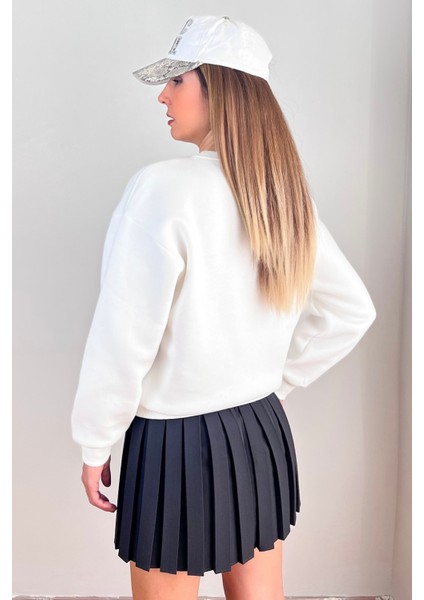 Kadın Cozy Içi Polarlı Ekru Basic Bisiklet Yaka Pamuklu Kalın Örme Sweatshirt indirimleri