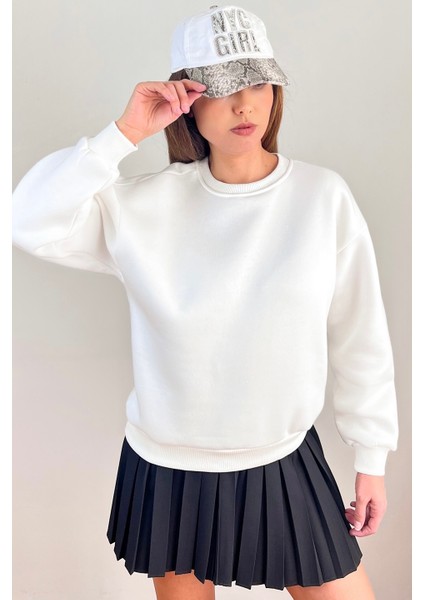 Kadın Cozy Içi Polarlı Ekru Basic Bisiklet Yaka Pamuklu Kalın Örme Sweatshirt