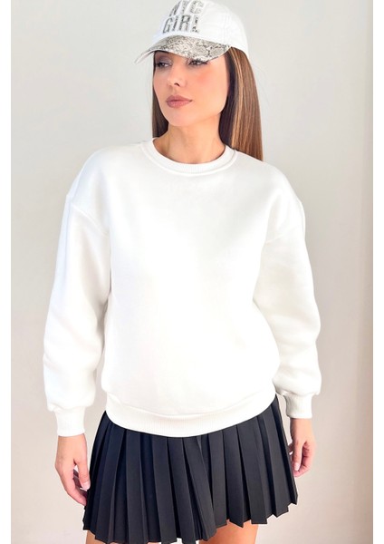 Kadın Cozy Içi Polarlı Ekru Basic Bisiklet Yaka Pamuklu Kalın Örme Sweatshirt