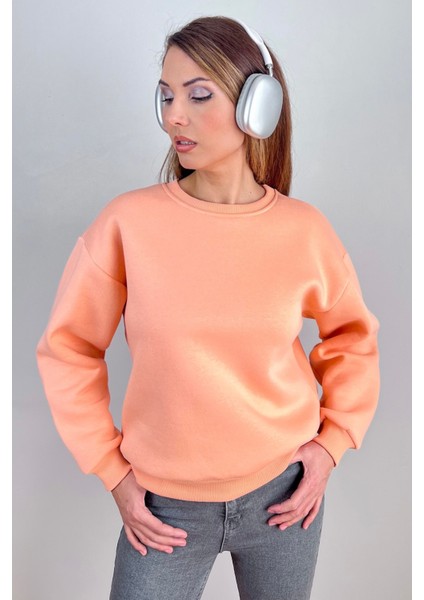 Kadın Cozy Içi Polarlı Somon Basic Bisiklet Yaka Pamuklu Kalın Örme Sweatshirt