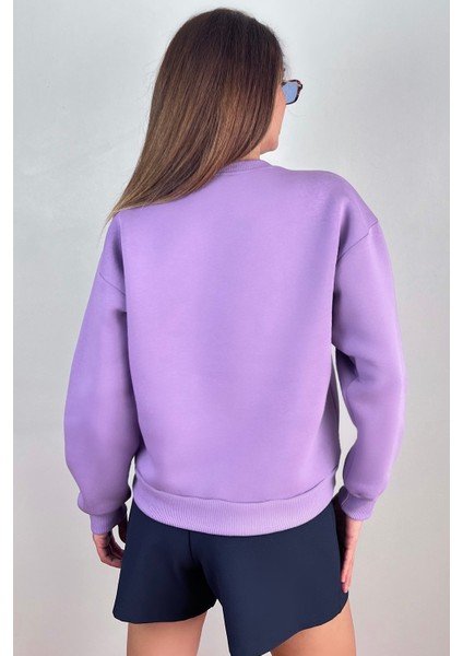 Kadın Cozy Içi Polarlı Mor Basic Bisiklet Yaka Pamuklu Kalın Örme Sweatshirt