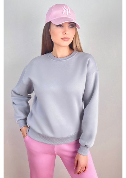 Kadın Cozy Içi Polarlı Gri Basic Bisiklet Yaka Pamuklu Kalın Örme Sweatshirt
