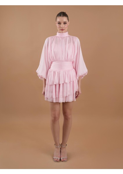 Drapeli Şifon Balıkçı Yaka Mini Elbise Pembe