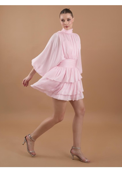 Drapeli Şifon Balıkçı Yaka Mini Elbise Pembe modelleri