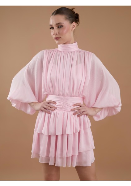 Drapeli Şifon Balıkçı Yaka Mini Elbise Pembe fırsatları