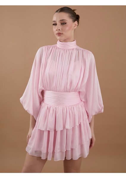 Drapeli Şifon Balıkçı Yaka Mini Elbise Pembe