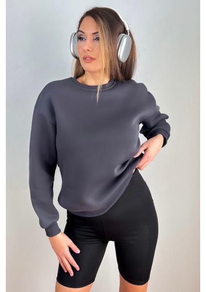 Kadın Cozy Içi Polarlı Füme Basic Bisiklet Yaka Pamuklu Kalın Örme Sweatshirt