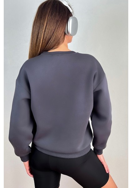 Kadın Cozy Içi Polarlı Füme Basic Bisiklet Yaka Pamuklu Kalın Örme Sweatshirt