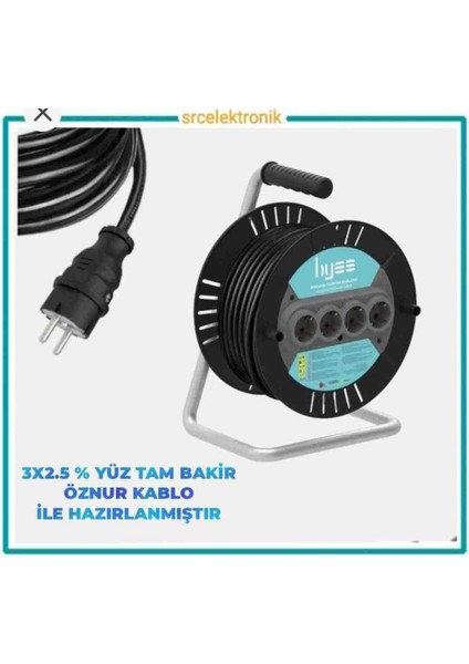 Araç Şarjı Uyumlu 3x2.5 Yüzde Yüz Tam Bakır 4 'lü Makaralı Uzatma Seyyar