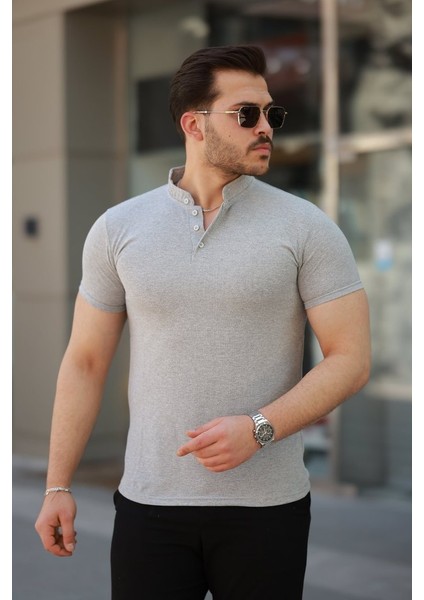 Erkek Hakim Yaka Dokuma Pamuklu Kumaş Kısa Kollu T-Shirt