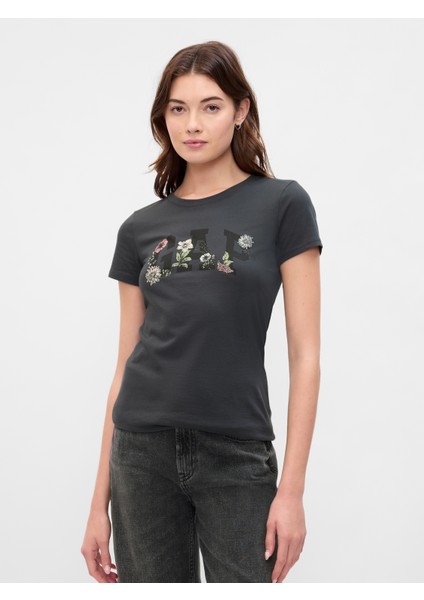 Kadın Koyu Gri Gap Logo T-Shirt