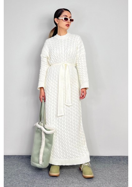 Kadın Ashley Krem Saç Örgülü Triko Uzun Elbise fiyatları