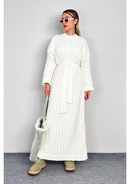 Kadın Ashley Krem Saç Örgülü Triko Uzun Elbise modelleri