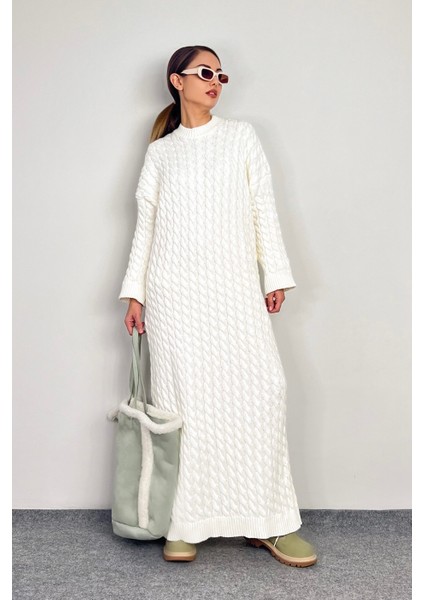 Kadın Ashley Krem Saç Örgülü Triko Uzun Elbise fırsatları