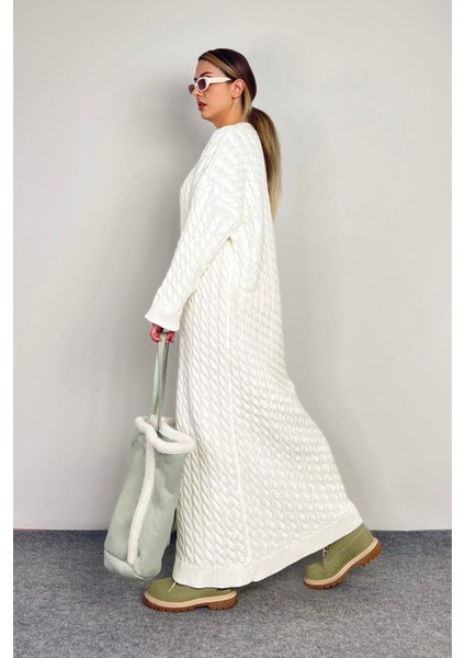 Kadın Ashley Krem Saç Örgülü Triko Uzun Elbise