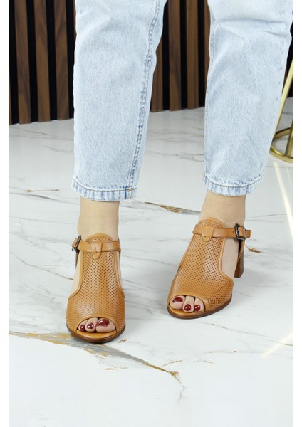 Elena Taba Hakiki Dana Derisi Önü Arkası Açık Delik Detaylı Kalın Topuklu Rahat Günlük Sandalet modelleri