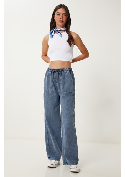 Soluk Efektli Geniş Paça Denim Palazzo Pantolon