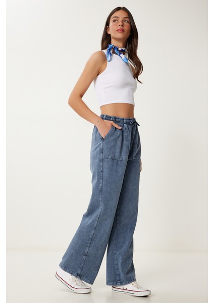 Soluk Efektli Geniş Paça Denim Palazzo Pantolon modelleri