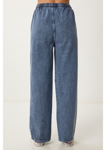 Soluk Efektli Geniş Paça Denim Palazzo Pantolon