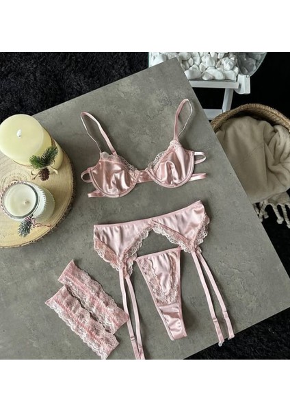 Pembe Dantel Jartiyer Set