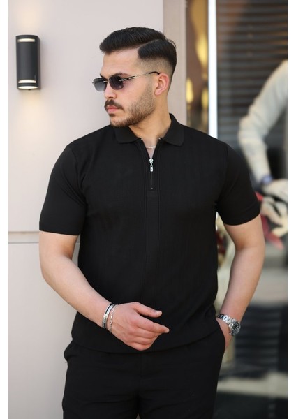 Erkek Yakası Fermuarlı Kısa Kollu T-Shirt