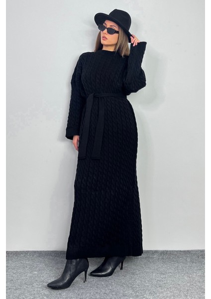 Kadın Ashley Siyah Saç Örgülü Triko Uzun Elbise