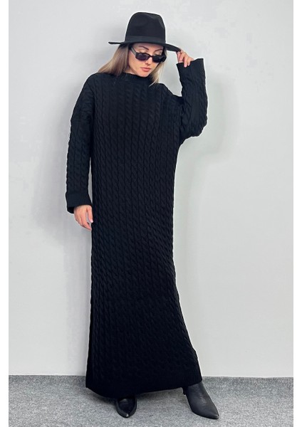 Kadın Ashley Siyah Saç Örgülü Triko Uzun Elbise