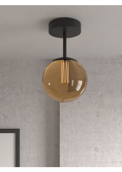 Tekli Siyah Metal Modern Tasarım Bal Camlı Avize