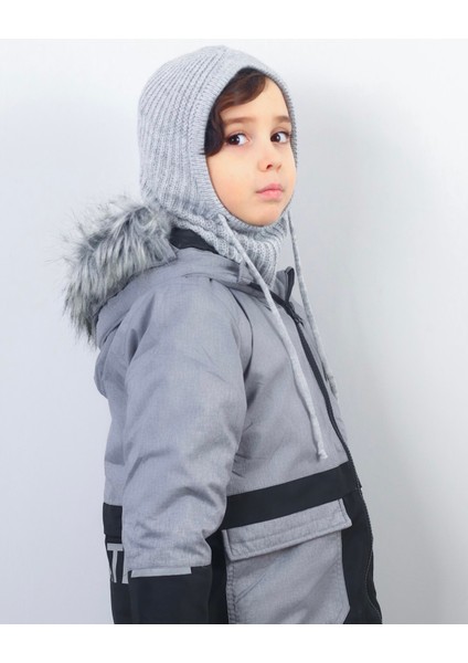 Çocuk Ipli Gri Balaclava Triko Bere / Başlık
