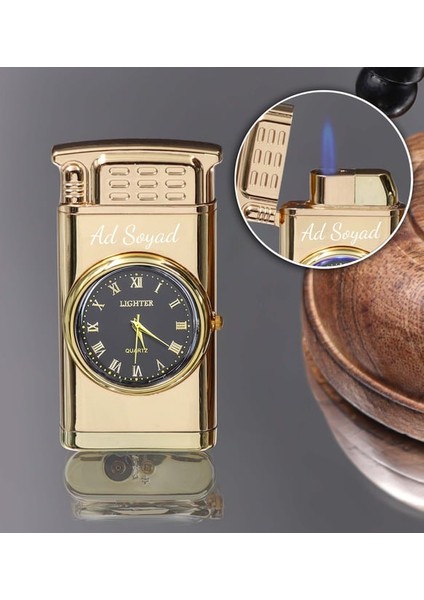 Kişiye Özel Işıklı Saatli Çakmak (Gold)