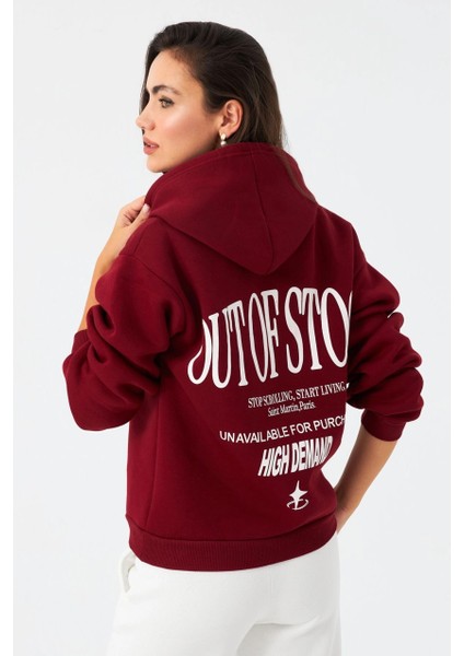 Kadın Bordo Baskılı Kapüşonlu Sweatshirt DY1451