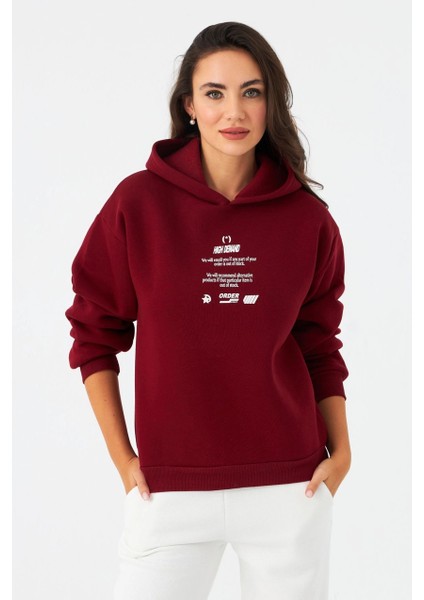 Kadın Bordo Baskılı Kapüşonlu Sweatshirt DY1451 fırsatları