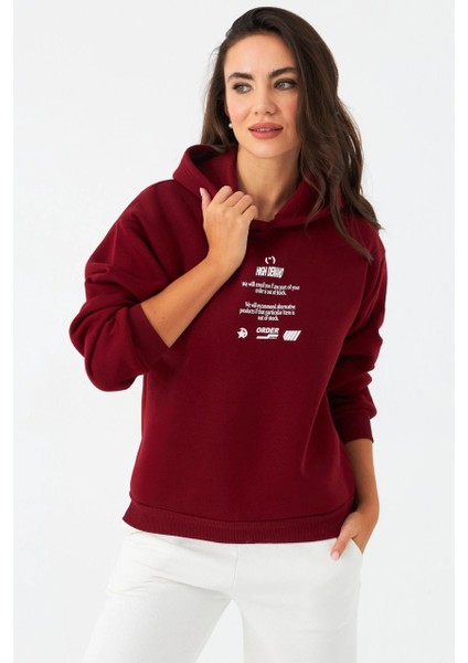 Kadın Bordo Baskılı Kapüşonlu Sweatshirt DY1451 indirimleri