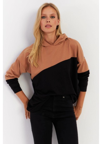 Kadın Camel-Siyah Renk Bloklu Kapüşonlu Sweatshirt DA148 fiyatları
