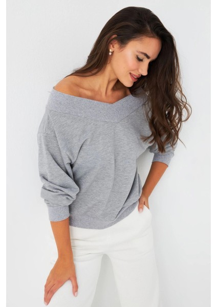 Kadın Gri Kısa Sweatshirt TF16