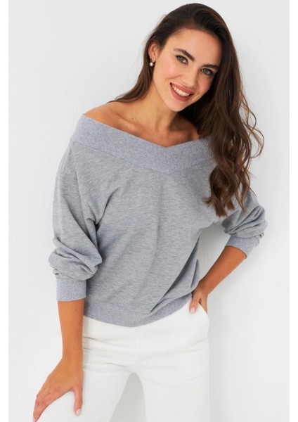 Kadın Gri Kısa Sweatshirt TF16 indirimleri