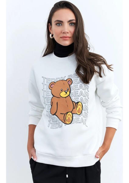 Kadın Ekru Ayıcık Baskılı Sweatshirt ZM288 fırsatları