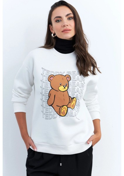 Kadın Ekru Ayıcık Baskılı Sweatshirt ZM288 indirimleri