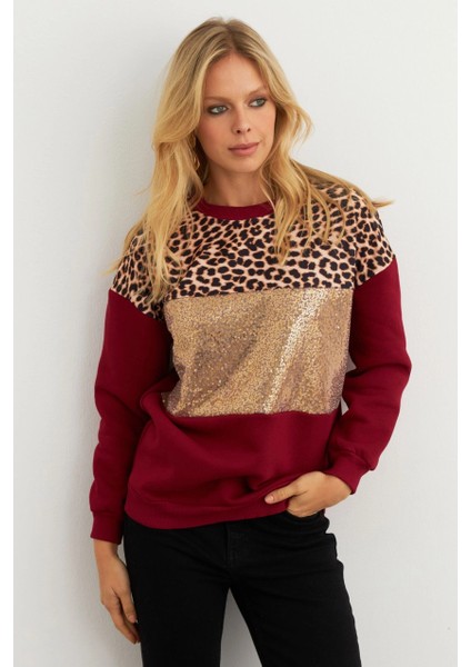 Kadın Bordo Bloklu Sweatshirt MST098