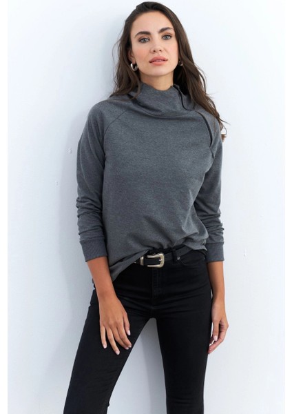 Kadın Antrasit Yakası Fermuarlı Sweatshirt TF11 fiyatları