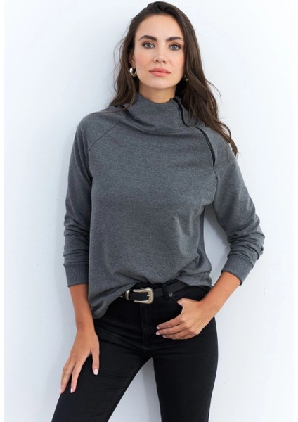 Kadın Antrasit Yakası Fermuarlı Sweatshirt TF11 modelleri