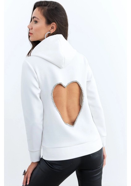 Kadın Beyaz Sırt Dekolteli Taşlı Sweatshirt BTH15