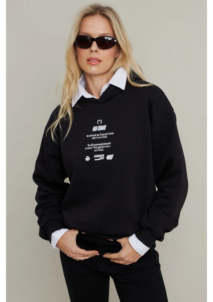 Kadın Siyah Baskılı Kapüşonlu Sweatshirt DY1451