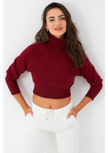 Kadın Bordo Balıkçı Crop Sweatshirt DY1469