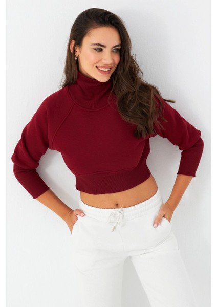 Kadın Bordo Balıkçı Crop Sweatshirt DY1469 modelleri