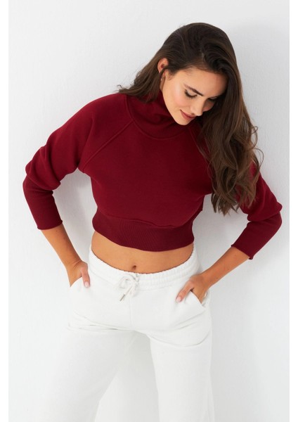 Kadın Bordo Balıkçı Crop Sweatshirt DY1469 fırsatları